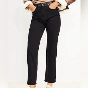 LOFT Women’s The Straight Black Denim Jeans Leather Trim Waist Size 10/30